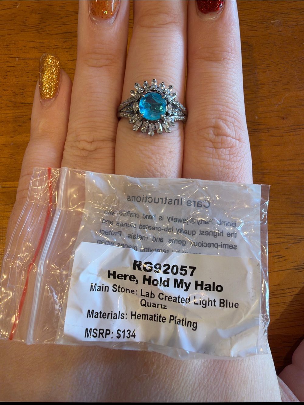 Light Blue Halo Ring with Hematite Plating — Sparkling Halo Statement